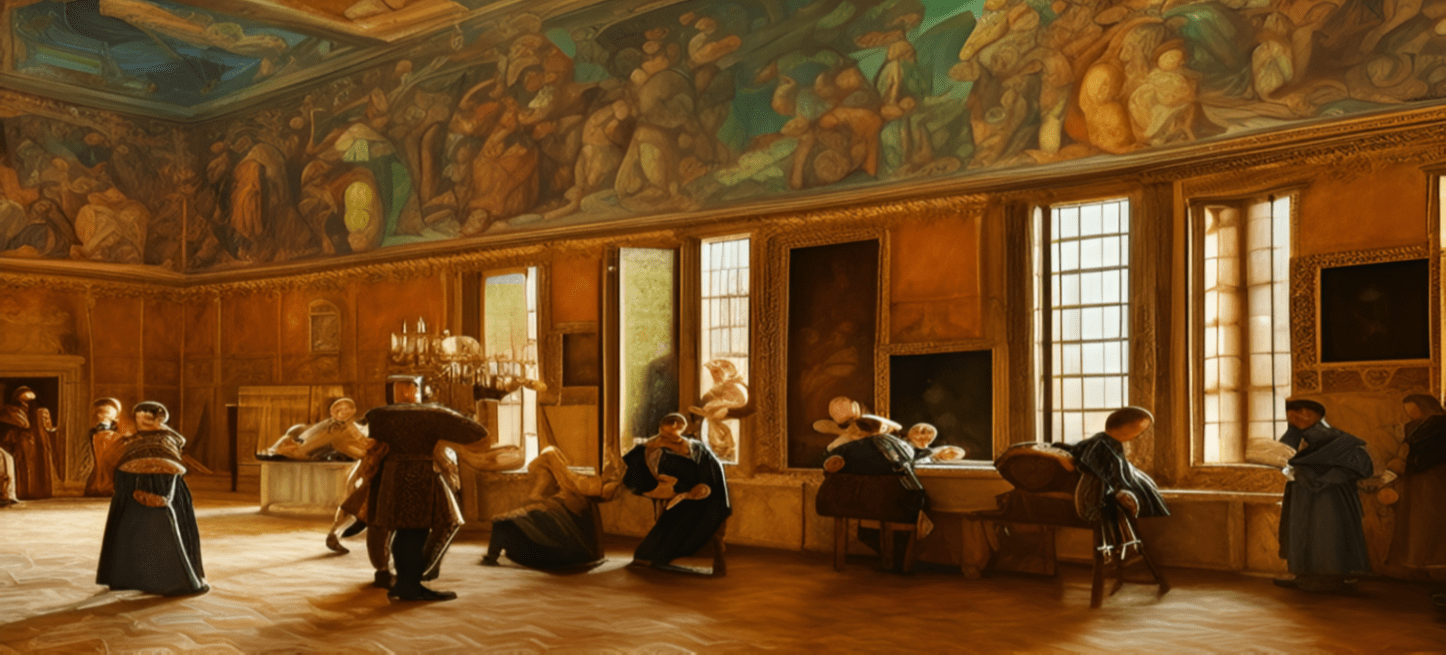 Renässansen: en målad bild på människor som dansar i ett rum målad i stil från renässansen