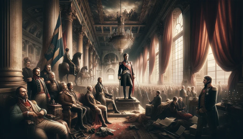 En dramatisk och stamningsfull bild som illustrerar en viktig ogonblick i Sveriges historia specifikt avsattningen av kung Gustav IV Adolf. Bilden sk