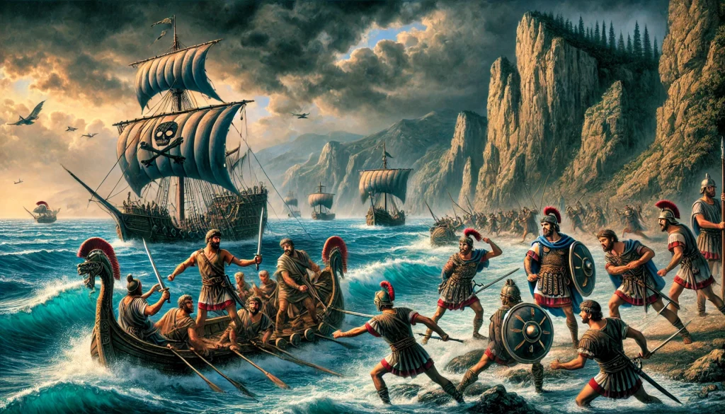 Här är en dramatisk skildring av de illyriska piraterna som attackerar ett romerskt handelsskepp nära Adriatiska havets klippiga kuster. Bilden fångar den intensiva striden, med stormmoln som bidrar till den spända atmosfären på det upprörda havet.