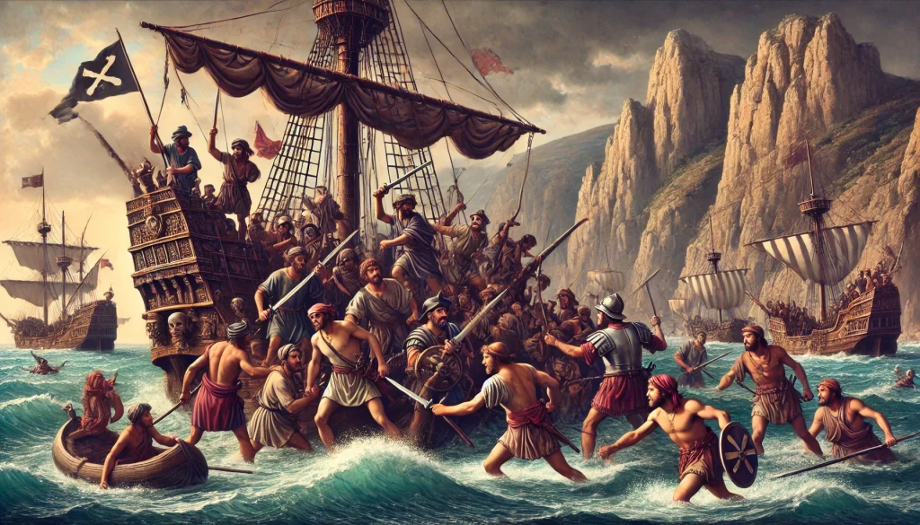 bild som visar de ökända kilikiska piraterna i aktion. De attackerar ett romerskt handelsskepp medan en storm närmar sig, med de klippiga kusterna i bakgrunden. Bilden fångar spänningen och kaoset kring piraternas härjningar i antikens Medelhav.