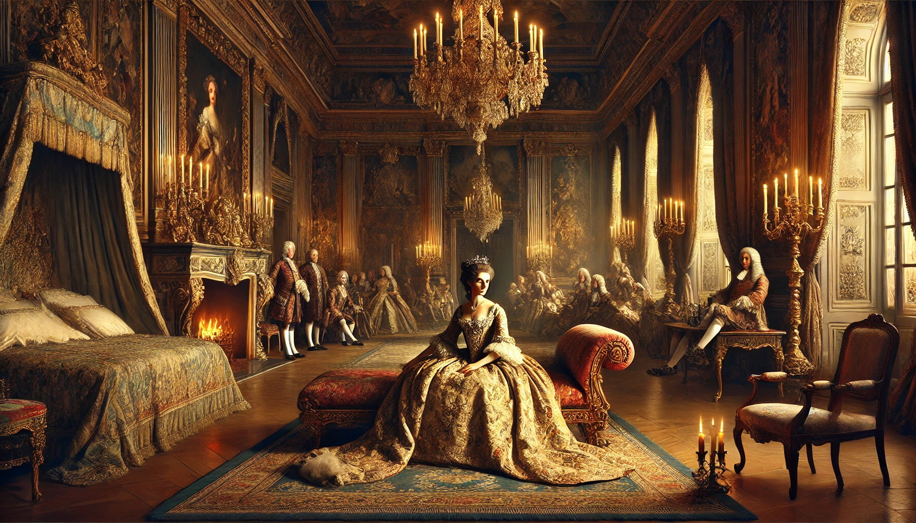 bild som representerar "Kungliga älskarinnor: en riskfylld väg till makt och förmögenhet", med fokus på intriger och lyx i en kunglig miljö under 1600-talet.