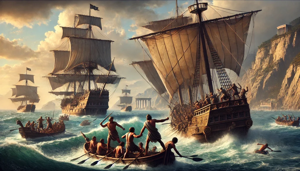 bild som dramatiskt skildrar pirater under antikens Grekland och Rom. Den visar en intensiv sjöstrid där pirater attackerar ett grekiskt handelsskepp, medan romerska krigsfartyg syns i horisonten. Denna bild fångar den farofyllda atmosfären av sjöröveri i antiken, med Medelhavets kust i bakgrunden.