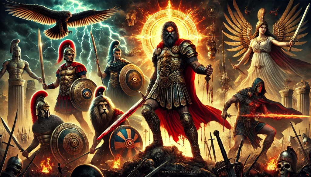 bild som fångar några av historiens mest kända och mäktiga krigsgudar i en dramatisk scen. Perfekt för att illustrera den imponerande kraft och mytiska närvaro dessa gudar besitter!