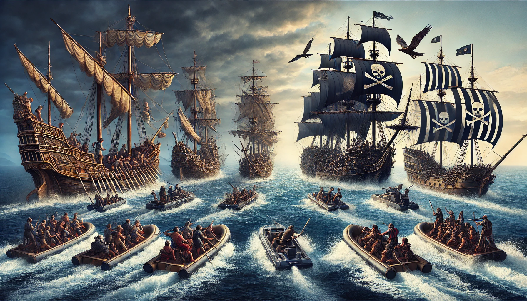 bild som fångar piraternas utveckling, från antikens sjöfarare till moderna sjörövare. Den illustrerar de olika epokerna av sjöröveri, från de antika fartygen och vikingaskeppen till de ikoniska piratskeppen och moderna sjörövare. Denna visuella resa över tid speglar den ständiga närvaron av pirater genom historien.