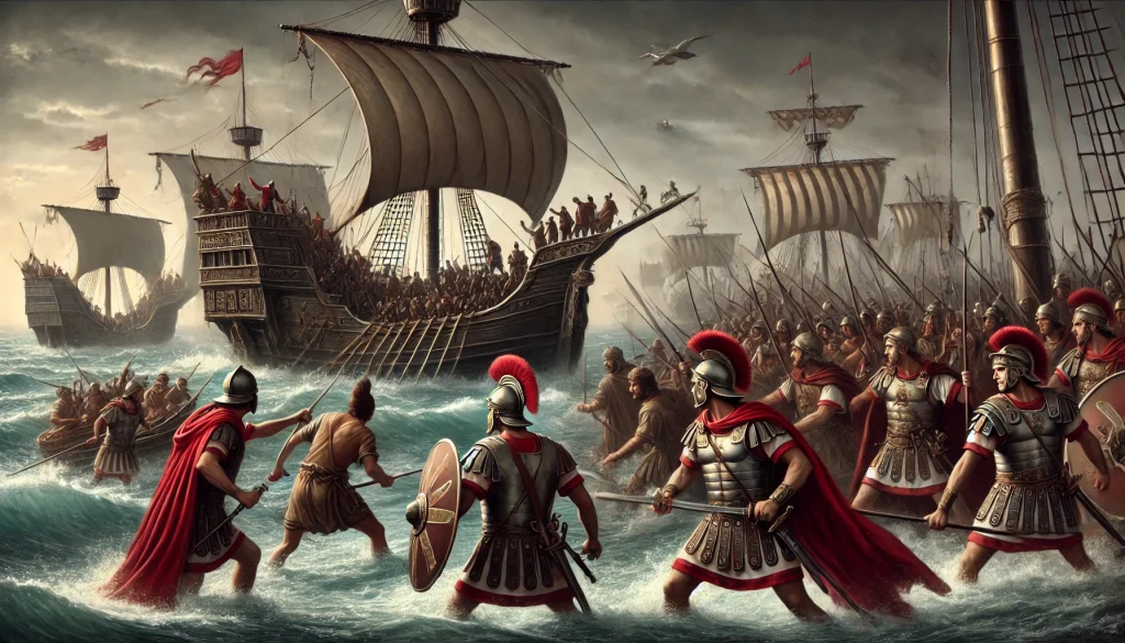 en dramatisk bild som visar romarnas militära insatser mot pirater. Den skildrar en romersk krigsflotta som förbereder sig för att slå tillbaka mot piraternas små fartyg, medan en storm närmar sig och förstärker spänningen i striden.