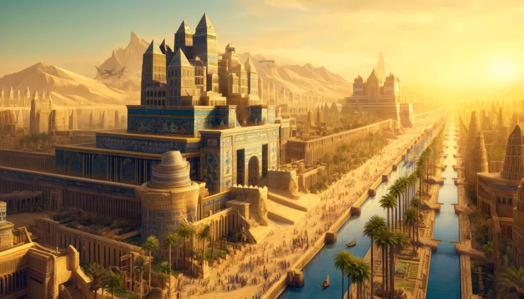 en majestätisk och detaljerad bild av forntida Babylon, som visar stadens grandiosa arkitektur och livfulla atmosfär.
