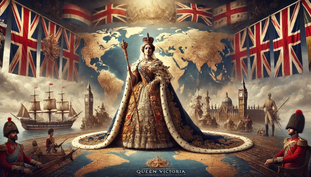 Här är en bild som skildrar Drottning Victoria som drottning över ett världsimperium. Hon visas stående i full kunglig klädsel framför en detaljerad karta över det brittiska imperiet, omgiven av symboler som kolonial arkitektur, skepp och internationella flaggor, vilket framhäver hennes roll som ledare för ett imperium som sträckte sig över flera kontinenter.