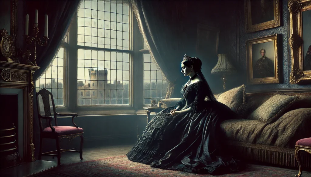 Här är en bild som skildrar Drottning Victoria som "Enkan av Windsor," den tillbakadragna monarken efter Prins Alberts död. Den visar henne i en mörk och ensam miljö, klädd i svart sorgklädsel, med ett melankoliskt uttryck, vilket fångar hennes isolering från offentligheten och den sorg som kom att prägla hennes liv efter förlusten av sin make.