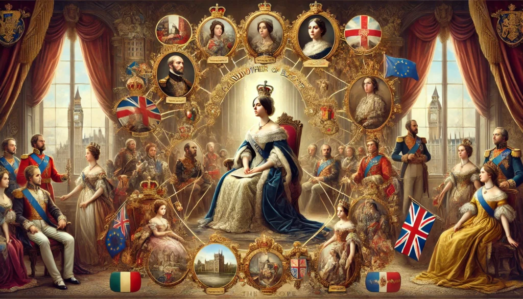 Här är en bild som skildrar Drottning Victoria som "Europas farmor", där hennes centrala roll i det kungliga nätverket av europeiska monarkier betonas. Hon sitter i centrum, omgiven av symboler och porträtt som representerar de olika europeiska kungligheter som var knutna till henne genom hennes barn och barnbarn, vilket visar på hennes betydande inflytande över Europas kungahus.