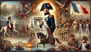 Här är en bild som fångar essensen av Napoleon Bonapartes liv och arv, med honom i förgrunden i sin ikoniska uniform och viktiga scener från hans liv i bakgrunden. Denna visuella representation återspeglar hans militära triumfer, politiska makt och exil.