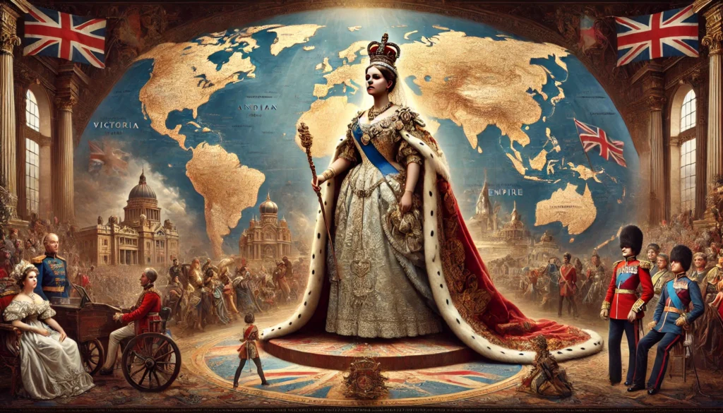 Här är en bild som skildrar Drottning Victoria som en symbol för det växande brittiska imperiet. Hon står majestätiskt i kunglig klädsel framför en karta över imperiet, omgiven av motiv från olika delar av kolonierna. Bilden fångar hennes roll som en symbol för makt och expansion under imperiets höjdpunkt.