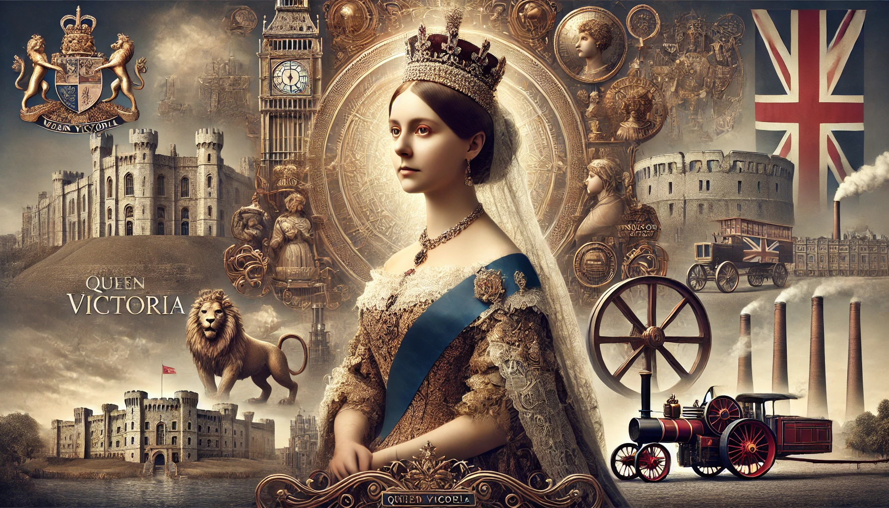 Här är en bild som porträtterar Drottning Victoria, sammanfattande hennes liv och regeringstid. Den visar henne i kunglig dräkt, omgiven av symboler som representerar både det brittiska imperiet och den industriella eran, och fångar hennes resa från ung drottning till en ikon för en hel tidsålder.