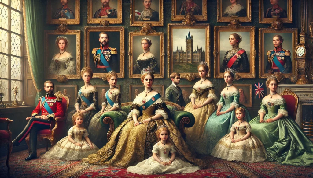 Här är en bild som skildrar Drottning Victoria med sina barn, och betonar de internationella förbindelser som skapades genom deras äktenskap. Hon sitter i ett rikt dekorerat viktorianskt rum, omgiven av porträtt av sina vuxna barn som gifte sig med europeisk adel, vilket symboliserar deras inflytande över Europa. Detta illustrerar Victorias roll som "Europas mormor" och de starka familjeband hon etablerade över flera europeiska monarkier.