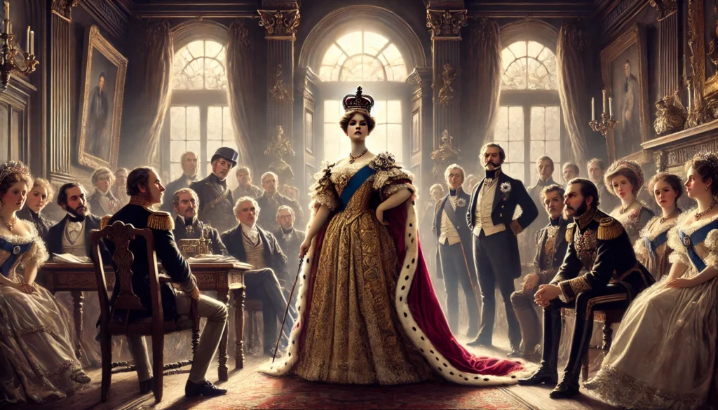 Här är en bild som skildrar Drottning Victoria när hon vägrar att vara ett verktyg för politisk påverkan. Den visar henne i en beslutsam pose, konfronterande politiska rådgivare, och fångar hennes styrka och självständighet som regent som tog sina egna beslut.
