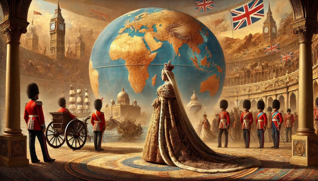 Här är en bild som symboliserar det brittiska imperiet under Drottning Victorias regeringstid, ofta kallat "imperiet där solen aldrig går ned." Den visar Victoria framför en världskarta med kolonier markerade och bakgrunden fylld med scener från olika delar av imperiet, vilket fångar omfattningen och mäktigheten av hennes globala styre.