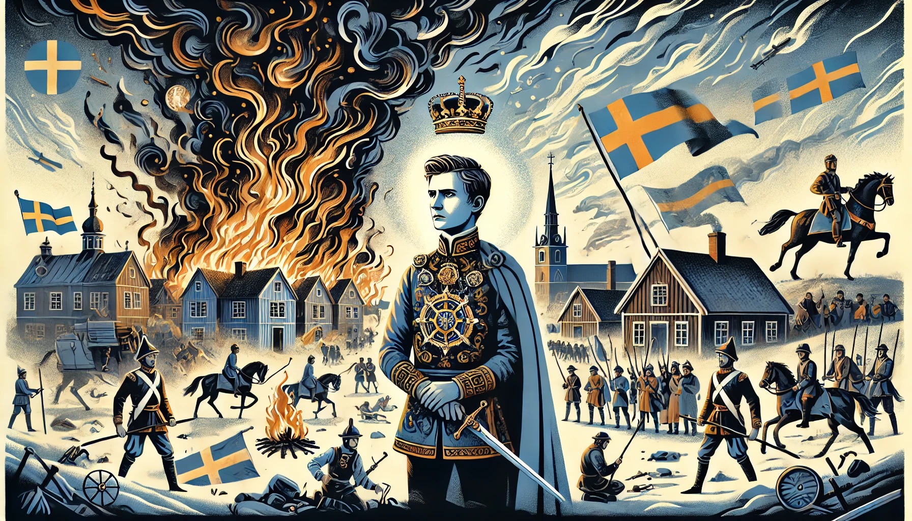 Gustav II Adolf som ung kung i en dramatisk och utmanande period för Sverige, med en stämning av kris och ledarskap.