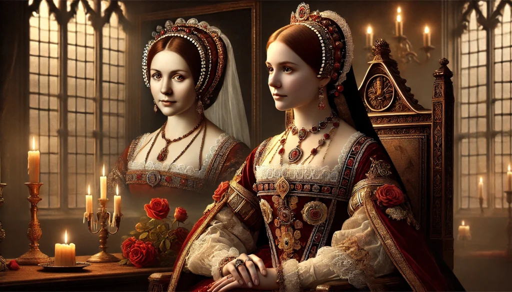 En historiskt inspirerad scen med drottning Elizabeth I och hennes mor, Anne Boleyn, i en tudorstil. Elizabeth, klädd i en intrikat broderad klänning med Tudor-smycken, står stolt och värdigt, och tittar med en melankolisk blick mot en blek och eterisk bild av Anne Boleyn. Anne framstår som en svävande, lugn figur i traditionella Tudor-kläder, som symboliserar hennes närvaro som ett oförglömligt minne i Elizabeths liv. Bakgrunden är ett palatsrum från Tudor-tiden, med dämpat, varmt ljus, antika möbler och diskreta inslag av Tudor-rosor. Atmosfären är regal och eftertänksam, fångande den starka känslomässiga kopplingen mellan mor och dotter.