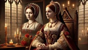 En historiskt inspirerad scen med drottning Elizabeth I och hennes mor, Anne Boleyn, i en tudorstil. Elizabeth, klädd i en intrikat broderad klänning med Tudor-smycken, står stolt och värdigt, och tittar med en melankolisk blick mot en blek och eterisk bild av Anne Boleyn. Anne framstår som en svävande, lugn figur i traditionella Tudor-kläder, som symboliserar hennes närvaro som ett oförglömligt minne i Elizabeths liv. Bakgrunden är ett palatsrum från Tudor-tiden, med dämpat, varmt ljus, antika möbler och diskreta inslag av Tudor-rosor. Atmosfären är regal och eftertänksam, fångande den starka känslomässiga kopplingen mellan mor och dotter.