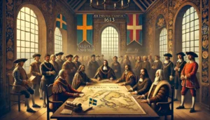 Bilden visar den historiska underteckningen av fredsavtalet som avslutade Kalmarkriget, med fokus på diplomati och hopp om en bättre framtid.