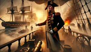 en dramatisk illustration av Horatio Nelson under slaget vid Trafalgar, med fokus på hans ledarskap och den kaotiska atmosfären i striden.