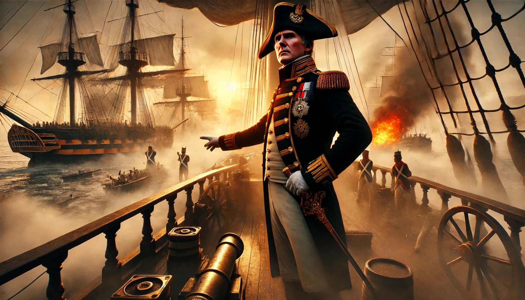 en dramatisk illustration av Horatio Nelson under slaget vid Trafalgar, med fokus på hans ledarskap och den kaotiska atmosfären i striden.