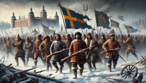Här är en kraftfull illustration av Sveriges befrielsekrig (1521–1523), där Gustav Vasa leder sina styrkor mot självständighet från Kalmarunionen. Scenen fångar den beslutsamhet och uthållighet som präglade kampen, med historiska detaljer som symboliserar Sveriges väg till frihet.