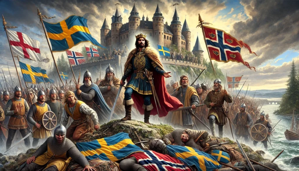Här är en kraftfull illustration av Kalmarunionens fall år 1523, med fokus på Gustav Vasas roll i Sveriges självständighet. Bilden fångar övergången från unionens sönderfall till Sveriges nya era som självständigt rike, med starka visuella symboler av frihet och förändring.