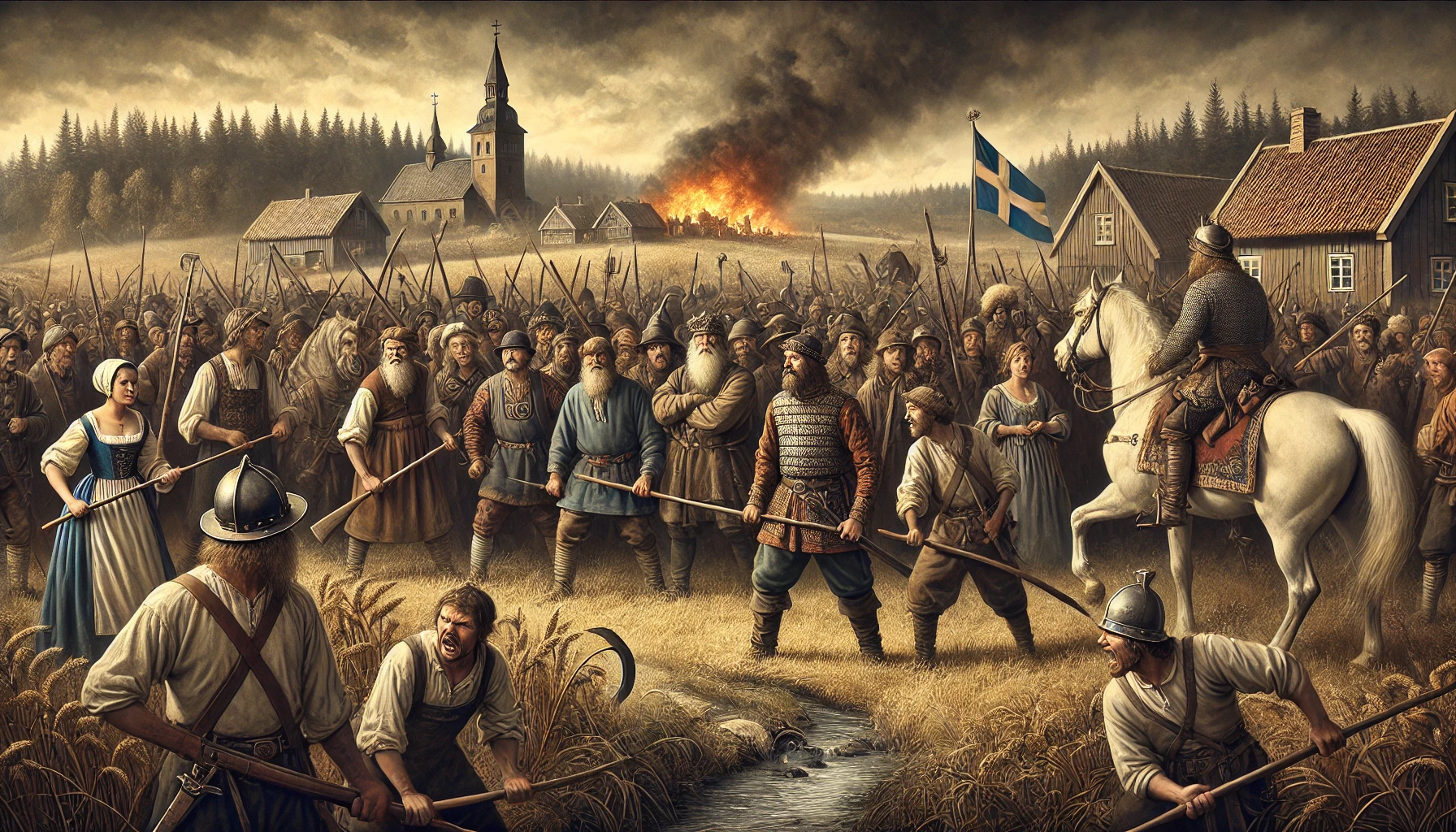 Klockupproret och Dackefejden, där upproriska bönder mötte Gustav Vasas styrkor i protest mot centralisering och höjda skatter. Bilden fångar både spänningen och den historiska kontexten, med detaljrikedom i miljön och klädseln från Vasatiden.