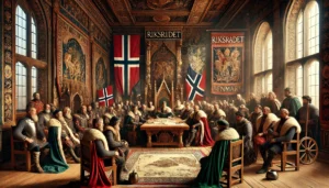 Här är en illustration av det danska Riksrådets maktspel under Kalmarunionen, som fångar den politiska intrig och diplomati som präglade deras roll. Med historiska detaljer som nordiska kartor, kungliga insignier och dramatisk belysning, framhäver bilden spänningen och inflytandet i deras beslut.