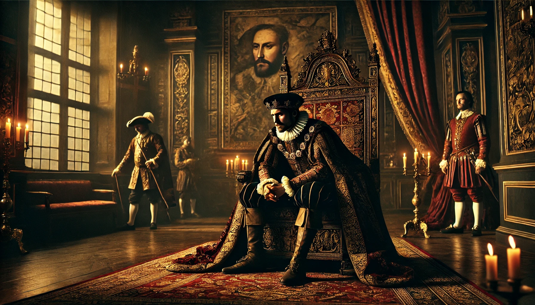 Erik XIV, som fångar hans inre konflikter och den krisartade karaktären av hans regeringstid. Den mörka, introspektiva atmosfären och detaljer från hans tid som kung förmedlar både hans makt och hans sårbarhet.