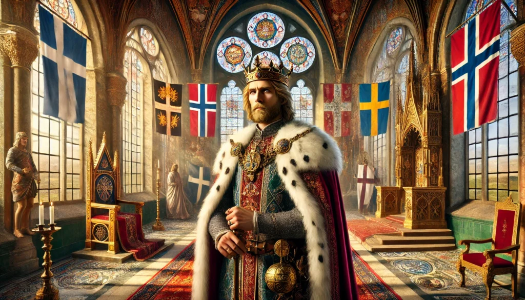 Här är en bild inspirerad av Erik av Pommern, den första unionskungen, i en klassisk miljö från Kalmarunionens tid. Bilden fångar både hans majestät och de historiska detaljer som symboliserar hans utmaningar och roll som härskare över de tre nordiska rikena.