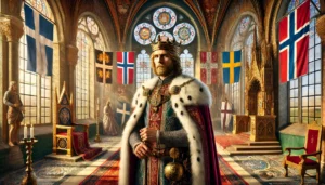 Här är en bild inspirerad av Erik av Pommern, den första unionskungen, i en klassisk miljö från Kalmarunionens tid. Bilden fångar både hans majestät och de historiska detaljer som symboliserar hans utmaningar och roll som härskare över de tre nordiska rikena.