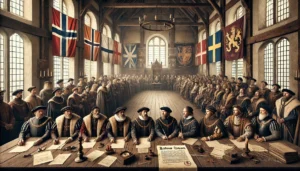 Här är en historiskt inspirerad bild av Freden i Vordingborg 1435, som markerar en tillfällig vapenvila mellan Kalmarunionen och Hansan. Den skildrar den diplomatiska atmosfären med representanter som samlas för att underteckna avtalet i en medeltida miljö.