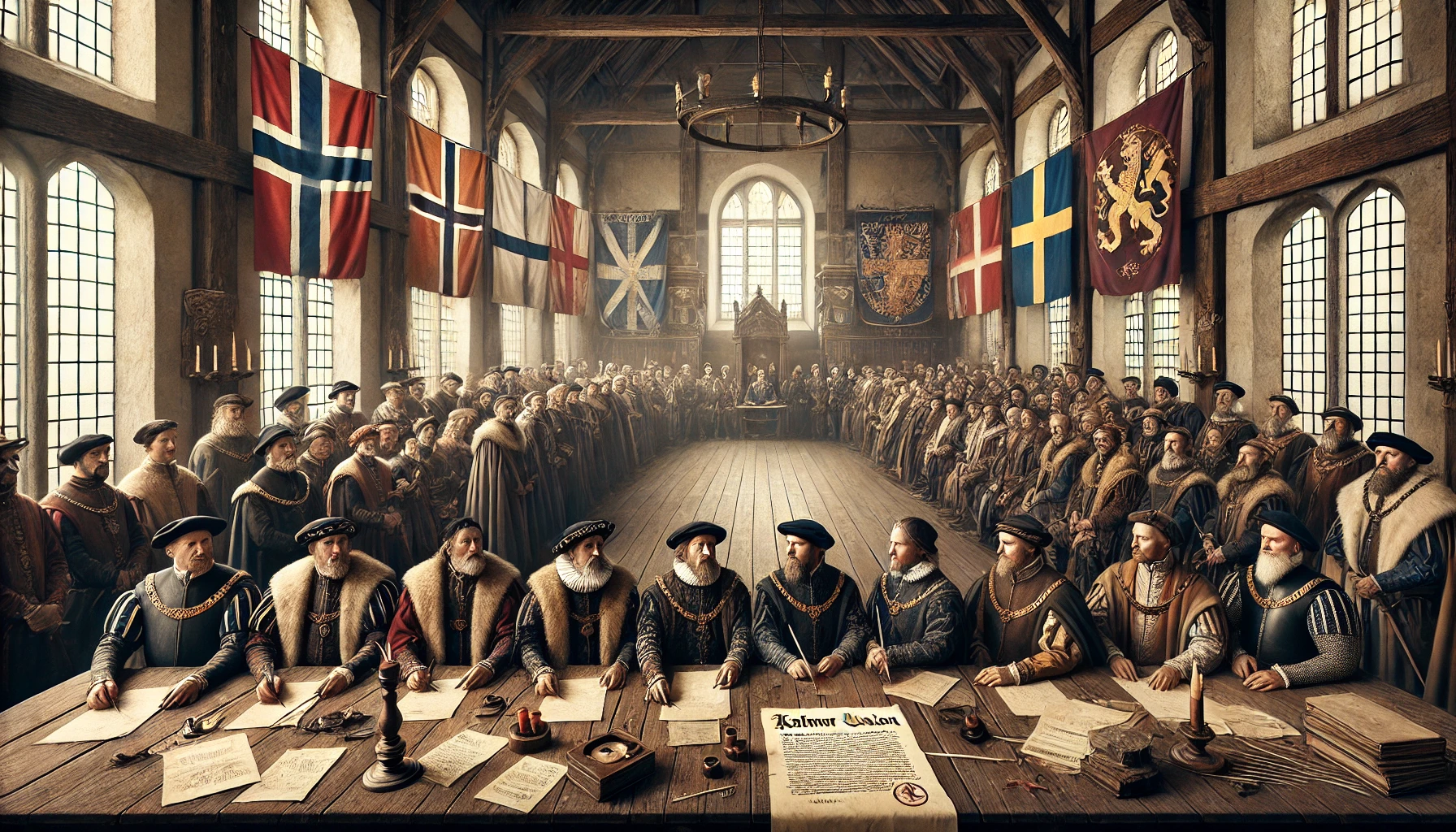 Här är en historiskt inspirerad bild av Freden i Vordingborg 1435, som markerar en tillfällig vapenvila mellan Kalmarunionen och Hansan. Den skildrar den diplomatiska atmosfären med representanter som samlas för att underteckna avtalet i en medeltida miljö.