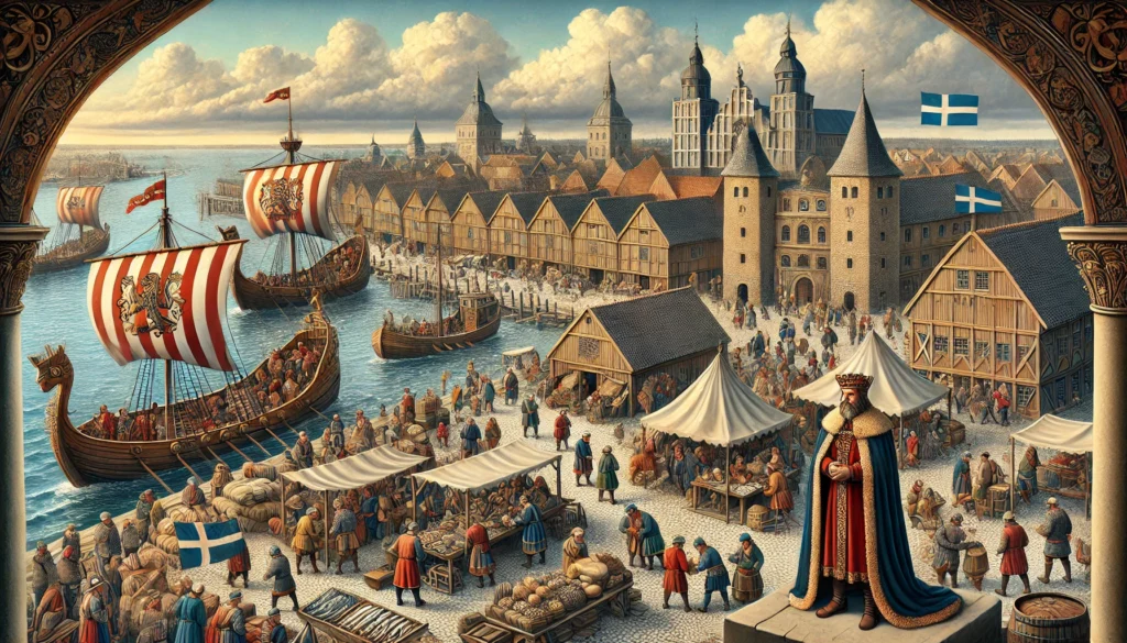 Här är en visuellt slående bild av Hansans roll under Kalmarunionens tid. Scenen fångar den livliga handeln och de politiska spänningarna mellan Hansan och unionen, med fokus på deras ekonomiska makt och inflytande i en typisk nordisk hamnstad under medeltiden.