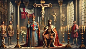 Johan III och Sigismund, där katolicismens potentiella återkomst under deras regeringstid illustreras. Bilden fångar den religiösa och politiska spänningen, med symboliska detaljer som speglar deras koppling till både Sverige och Polen.