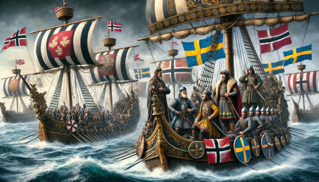 Här är en illustration av unionsflottan under Kalmarunionens tid, där både samarbete och konflikt mellan Danmark, Sverige och Norge återspeglas. Flottan navigerar stormiga vatten, medan diskussioner om strategi utspelar sig ombord. Bilden fångar både styrkan och spänningarna inom unionens maritima verksamhet.
