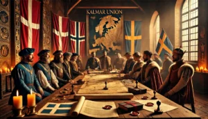 Här är en illustration som skildrar Kalmarunionens stadgar och regler, med representanter från Danmark, Sverige och Norge i samarbete. Bilden framhäver den diplomatiska processen och komplexiteten i unionens styrning, med historiskt korrekta detaljer och en atmosfär av formell samverkan.