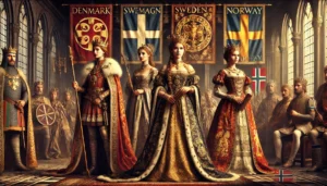 Här är en bild som hyllar Kalmarunionens drottningar och deras maktroller i medeltidens Skandinavien. Med inspiration från drottning Margareta och hennes efterföljare skildrar bilden deras auktoritet och diplomatiska skicklighet, fångade i en elegant och tidsenlig miljö.