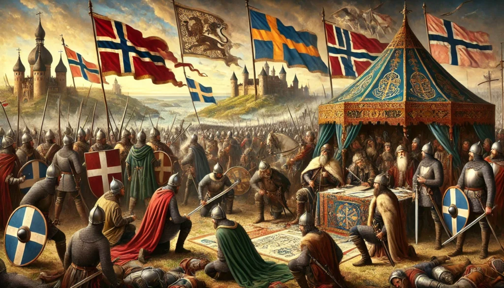 Här är en illustration som skildrar Kalmarunionens militära konflikter och diplomatiska insatser mot externa fiender. Bilden fångar både krigets intensitet och förhandlingarnas strategiska betydelse, med historiska detaljer som representerar unionens kamp på flera fronter.