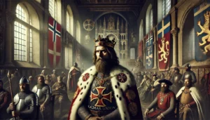 Här är en historisk skildring av Kristian II, även kallad "Tyrannen," som symboliserar hans roll under Kalmarunionens förfall. Bilden fångar både hans auktoritära närvaro och de mörka politiska konflikter som präglade hans regeringstid.