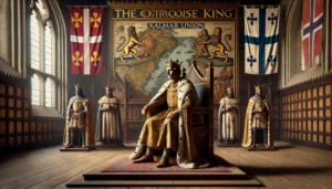 Här är en historisk bild av Kristofer av Bayern, kallad Kalmarunionens kompromisskung. Han sitter på en tron som symboliserar hans roll som enande kraft för Danmark, Sverige och Norge. Med nordiska kungliga insignier och en bakgrund som speglar 1400-talets konst och arkitektur fångar bilden hans diplomatiska arv och strävan efter balans i unionen.