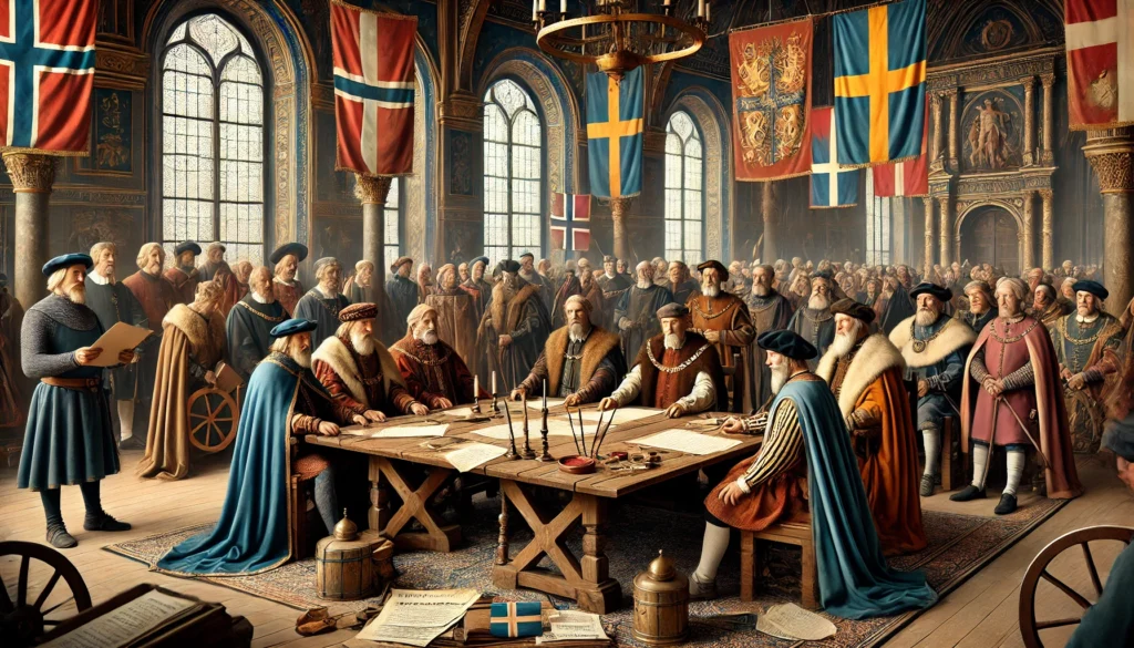 Här är en historiskt inspirerad bild av Norrköpings Recess 1441, en betydelsefull händelse som symboliserade en tillfällig enighet inom Kalmarunionen. Bilden framhäver förhandlingar mellan nordiska adelsmän och präster i en medeltida hall, omgiven av dokument och symboler för samarbete.