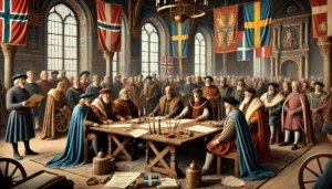 Här är en historiskt inspirerad bild av Norrköpings Recess 1441, en betydelsefull händelse som symboliserade en tillfällig enighet inom Kalmarunionen. Bilden framhäver förhandlingar mellan nordiska adelsmän och präster i en medeltida hall, omgiven av dokument och symboler för samarbete.
