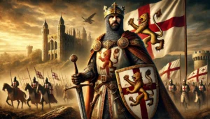 Här är en bild som skildrar Richard Lejonhjärta, den ridderliga kungen, i all sin majestät. Han framställs i korsriddarens rustning med kungliga vapensköldar, stående på en dramatisk slagfältssceneri. Den fångar hans heroism och ledarskap, och lyfter fram arvet från en av medeltidens mest ikoniska kungar.