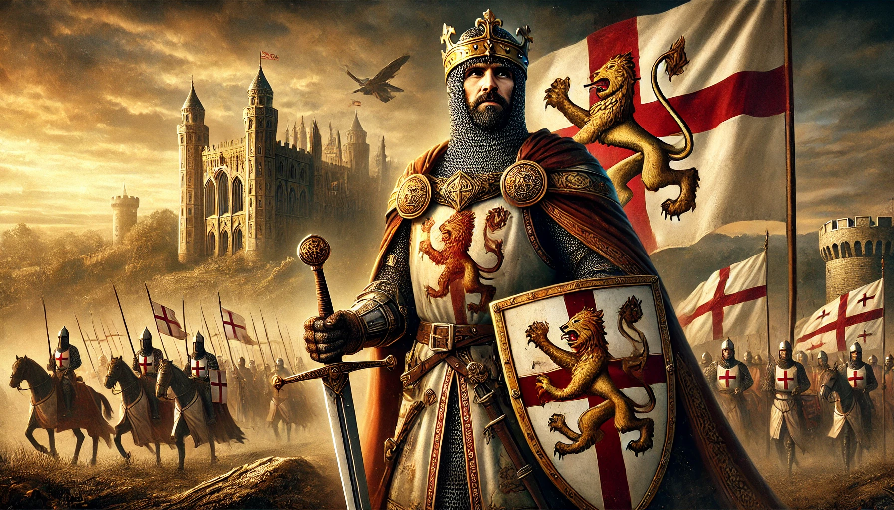 Här är en bild som skildrar Richard Lejonhjärta, den ridderliga kungen, i all sin majestät. Han framställs i korsriddarens rustning med kungliga vapensköldar, stående på en dramatisk slagfältssceneri. Den fångar hans heroism och ledarskap, och lyfter fram arvet från en av medeltidens mest ikoniska kungar.