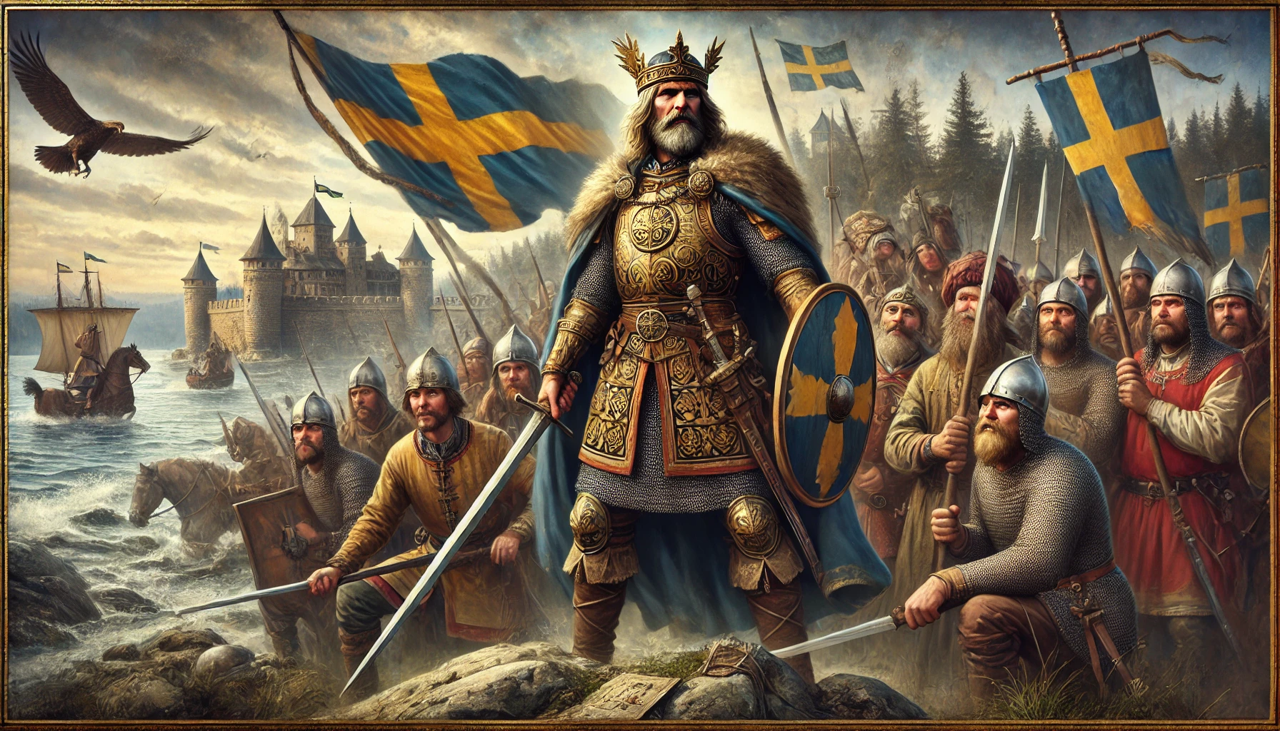 Här är en stämningsfull bild av Sten Sture den Äldre, som skildrar hans ledarskap i kampen för svensk självständighet. Bilden framhäver hans roll som en stark och beslutsam försvarare av Sveriges frihet under senmedeltiden.