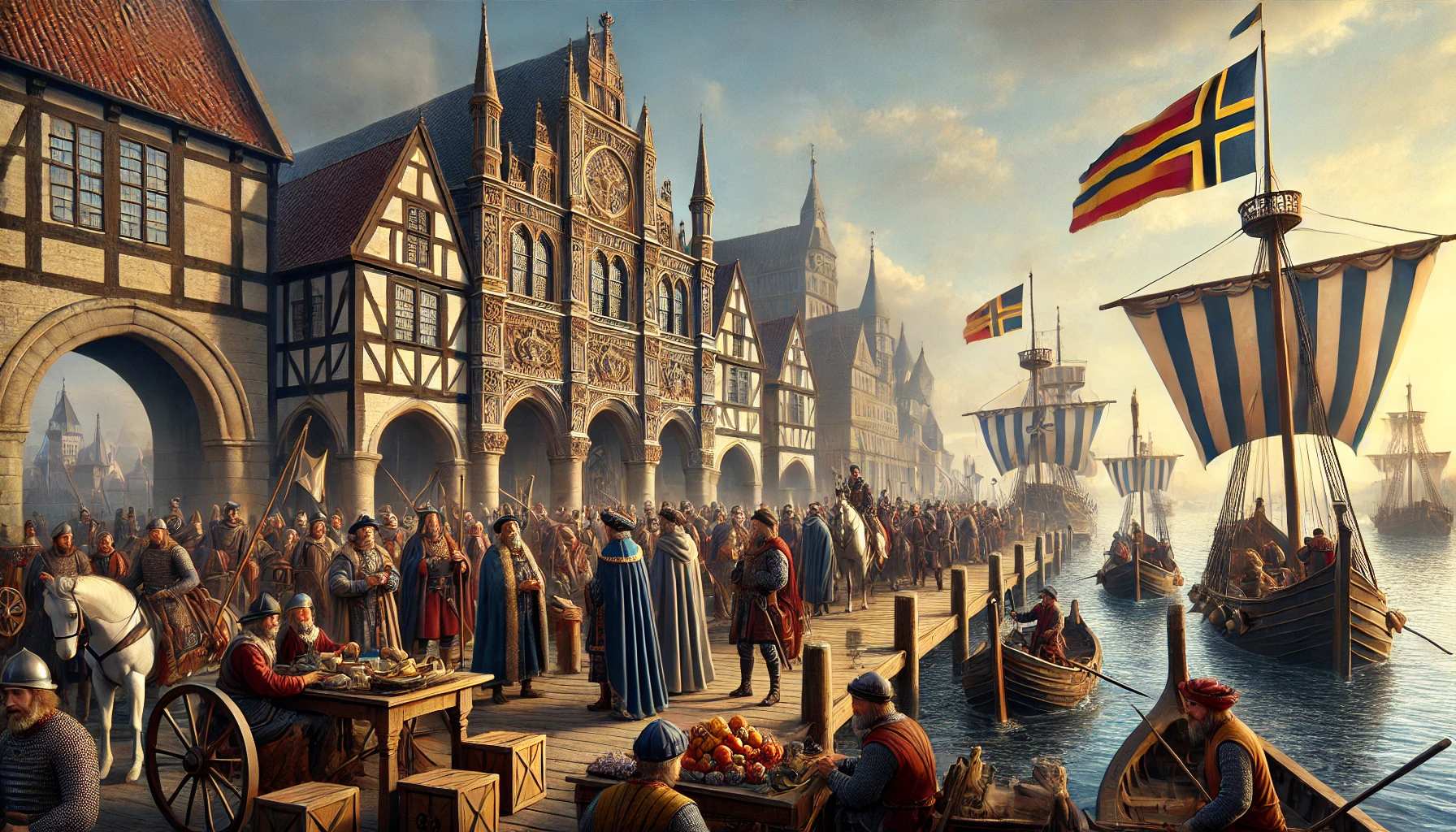 Här är en bild som skildrar de tyska influenserna i Kalmarunionen, med fokus på politik, handel och makt. Scenen visar Hansans dominans i handelshamnar och samarbete med nordiska adelsmän i en miljö som förenar tyska och nordiska arkitektoniska stilar. Bilden fångar den komplexa dynamiken av kulturellt utbyte och ekonomiskt inflytande från Tyskland under unionens tid.