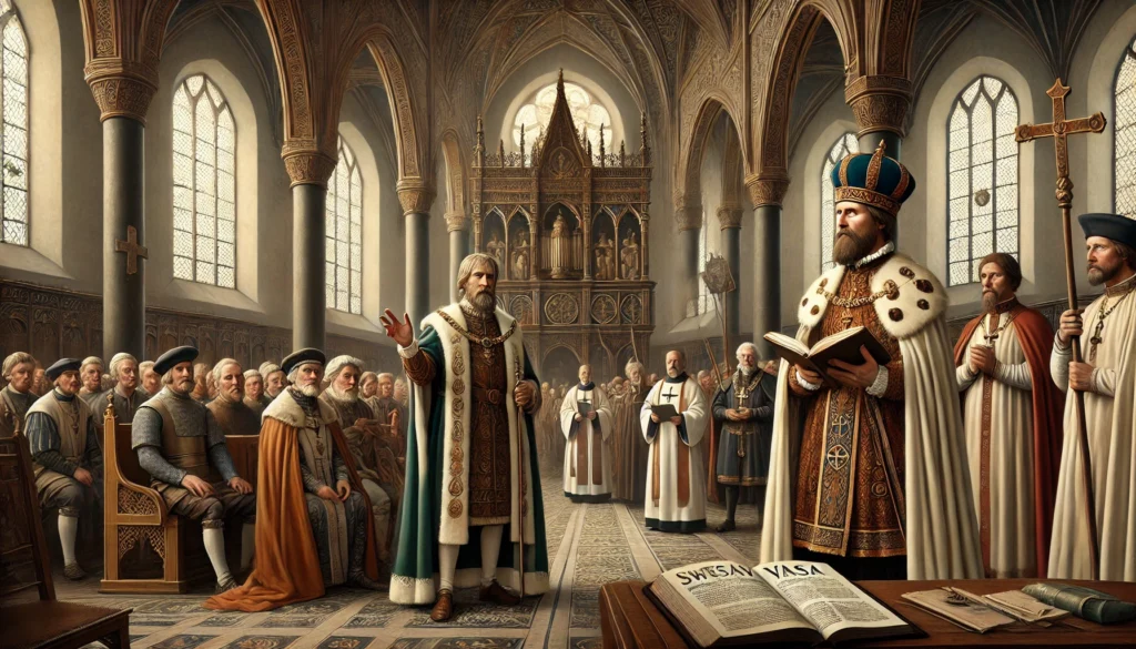 Reformationen i Sverige under Vasatiden, med fokus på Gustav Vasas roll och den estetiska stilen från 1500-talets nordiska konst.