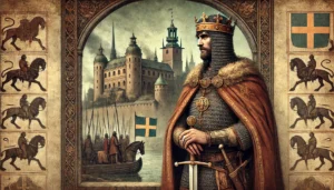 traditionell medeltida avbildning av Birger Jarl, som visar honom i tidstypiska kläder med en bakgrund av Stockholms tidiga skyline. Bilden fångar hans historiska betydelse och maktposition med ett autentiskt 1200-talsestetiskt uttryck.
